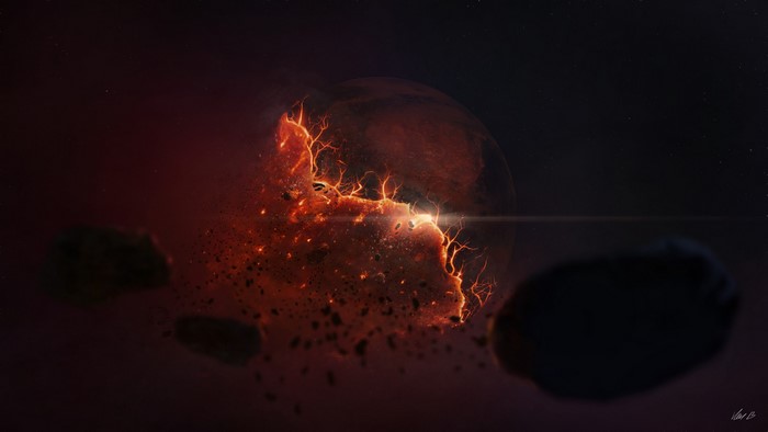 Planet exploding with asteroids in space