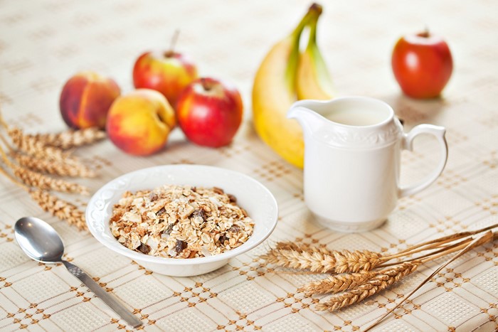 Breakfast with Muesli, Fruit, and Milk