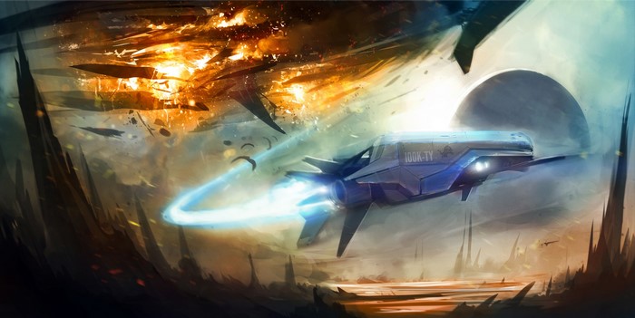 Spaceship battle with explosions and a planet