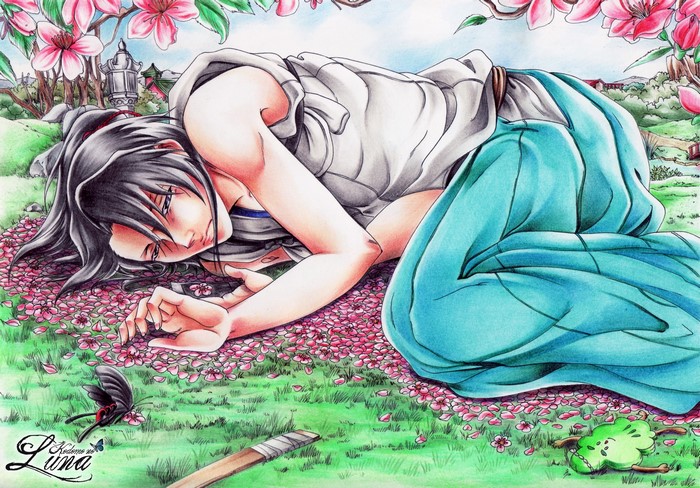 Kodomo no Luna: Young man lying in a field of flowers