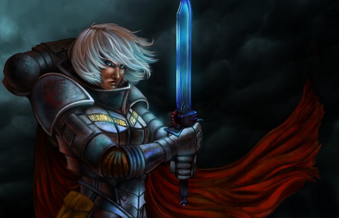 Warhammer 40000 warrior with a glowing sword