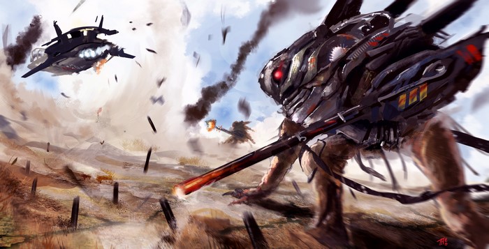 Robot Battles in a War-Torn Landscape