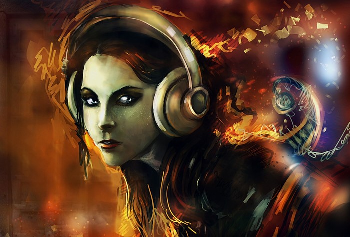 Painting of a woman with headphones