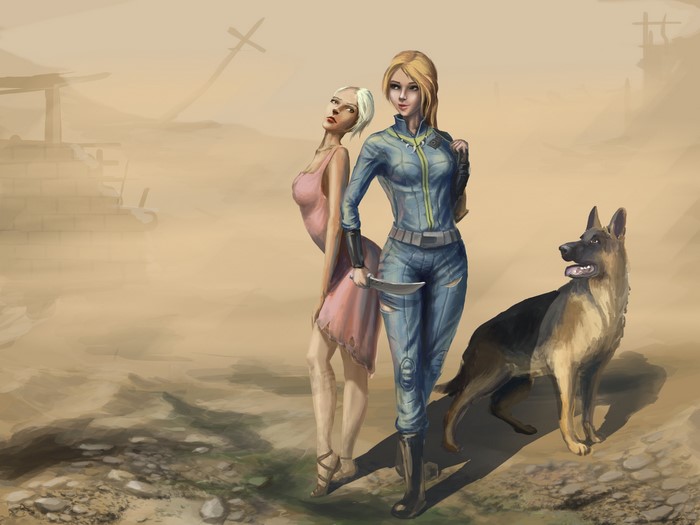 Two women and a dog in a post-apocalyptic wasteland