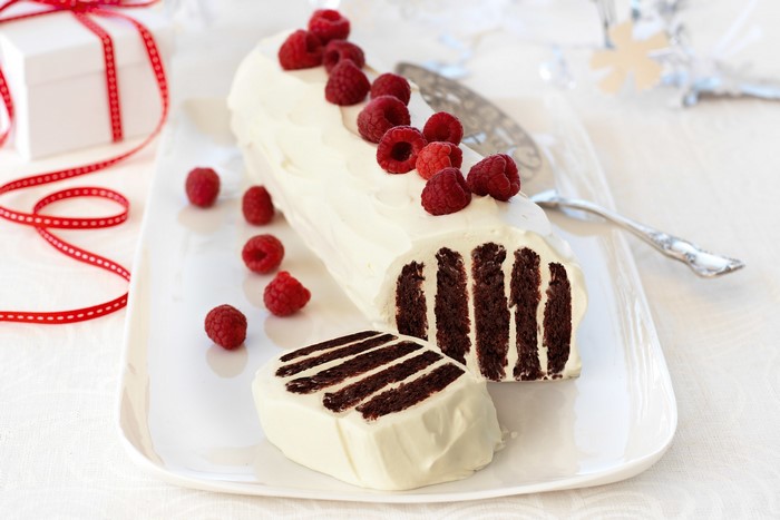 Chocolate Yule Log Cake with Raspberries
