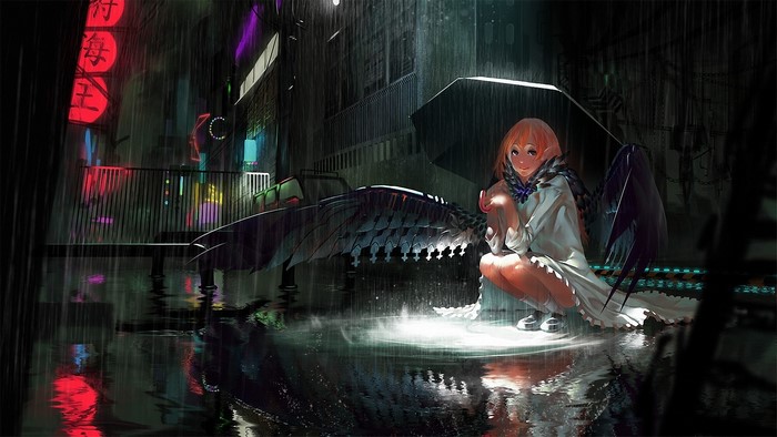Angel with wings in the rain at night