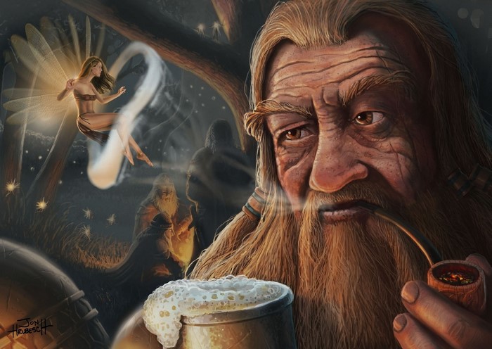 Dwarf smoking pipe with fairy and friends