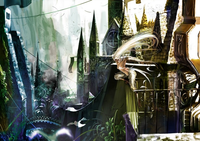 Angel with long hair on a balcony overlooking a fantasy city