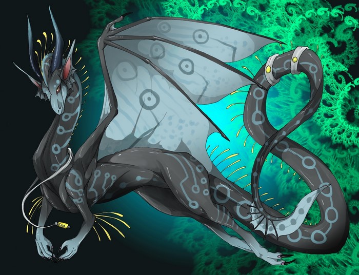 Dragon with circuit board patterns and glowing wings