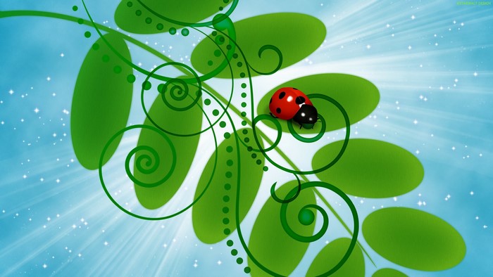 Ladybug on a green vine with blue background