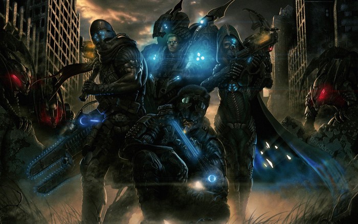 Armored warriors with futuristic weapons in a ruined city