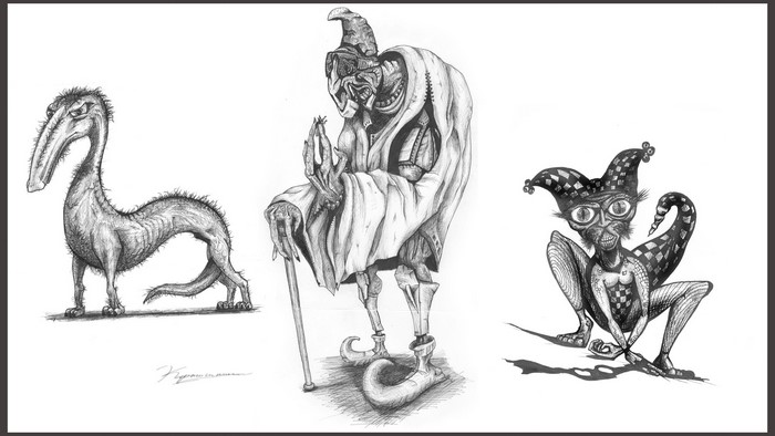 Three fantasy creatures in a drawing