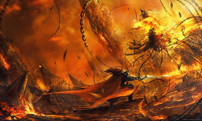 Warrior fighting a fiery monster with chains