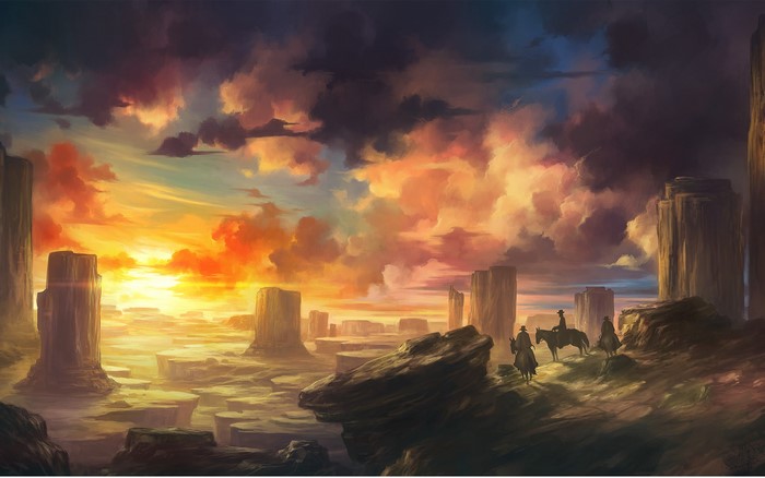 Cowboys riding through a canyon at sunset