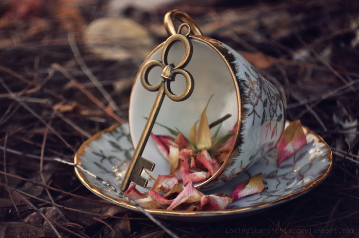 Teacup and saucer with a key and petals