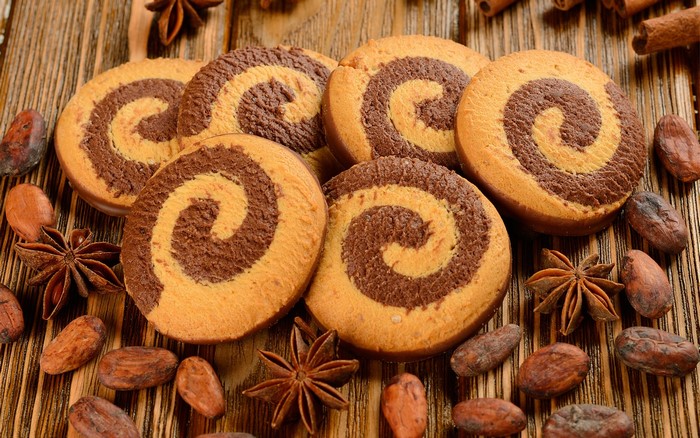 Chocolate Swirl Pinwheel Cookies with Star Anise and Cacao Beans