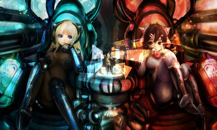 Two anime girls in futuristic mechs