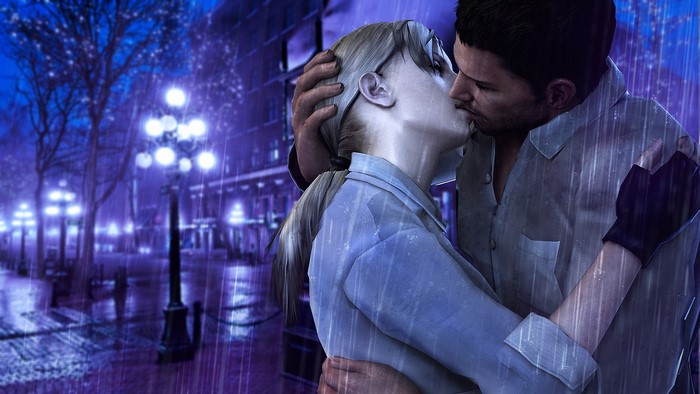 Couple kissing in the rain from Resident Evil