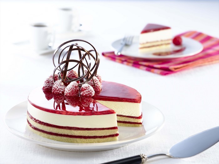 Raspberry Mousse Cake with Chocolate Garnish