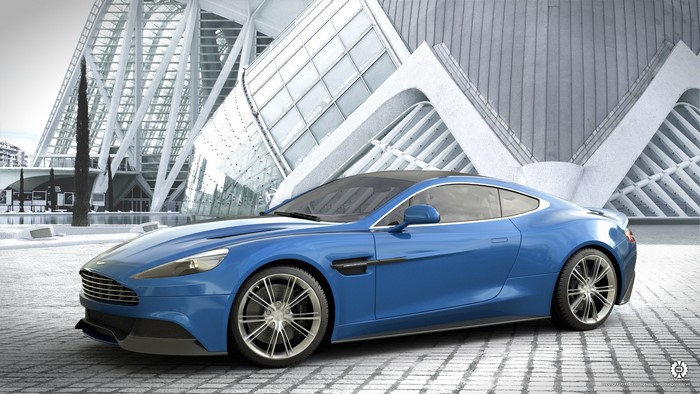 Blue Aston Martin Vanquish parked in front of a modern building