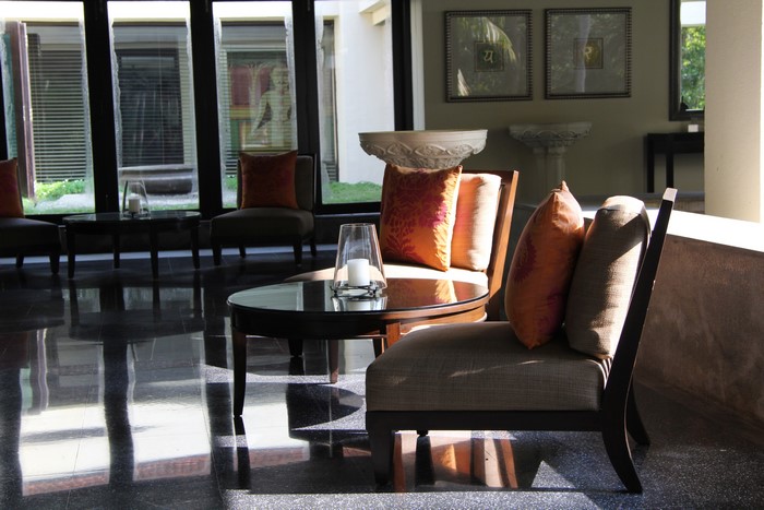 Interior seating area with chairs and tables