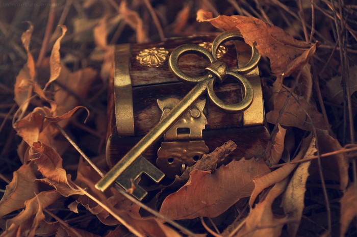 Antique key on a wooden chest with autumn leaves