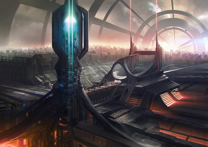 Futuristic city with advanced architecture and energy beams