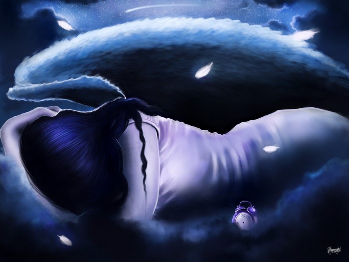 Woman sleeping with wings and alarm clock