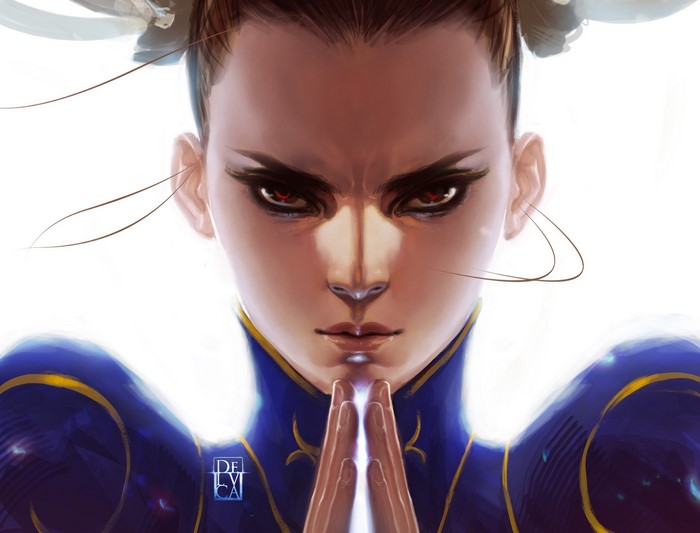 Chun-Li from Street Fighter with intense gaze