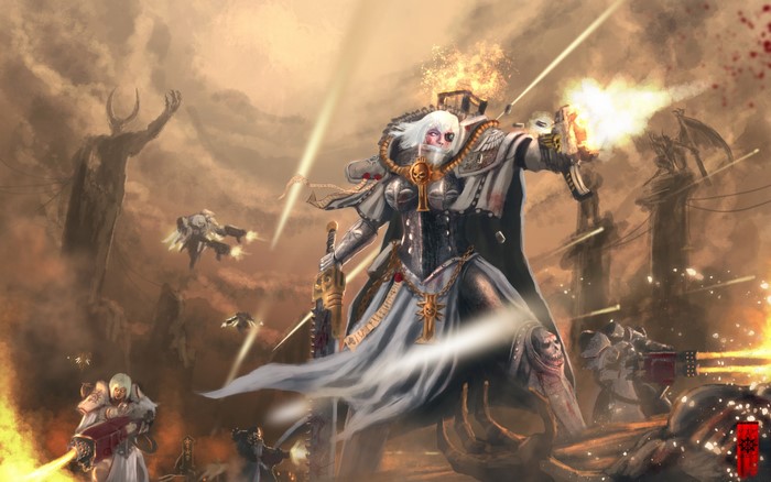 Warhammer 40000 Battle Scene with Armored Warriors
