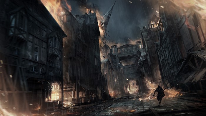 Thief running through burning city streets at night in the rain