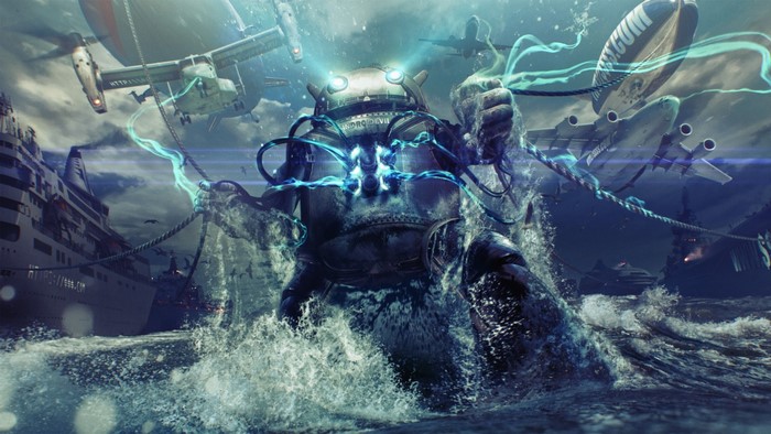 Androidevil robot in stormy seas with airships and ships