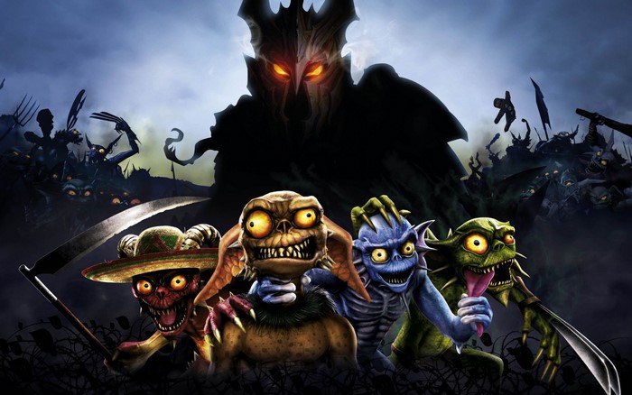 Overlord game art with goblins and a dark lord