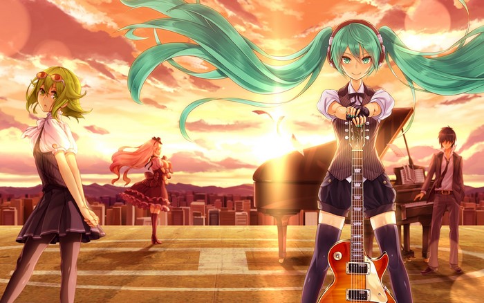Hatsune Miku with guitar and friends by a piano