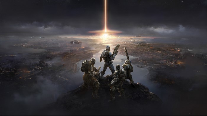 Soldiers on a cliff overlooking a futuristic city with a beam of light