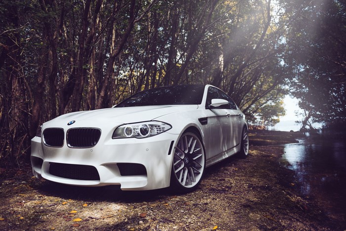 White BMW M5 F10 parked in a forest
