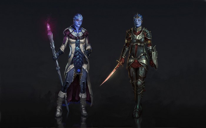 Two Asari from Mass Effect, one with a staff, one with a sword