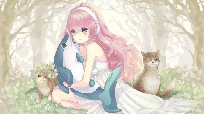 Girl with pink hair holding a shark plushie with cats