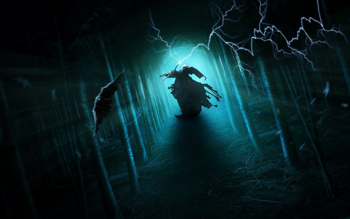 Wizard casting magic in a dark forest with lightning