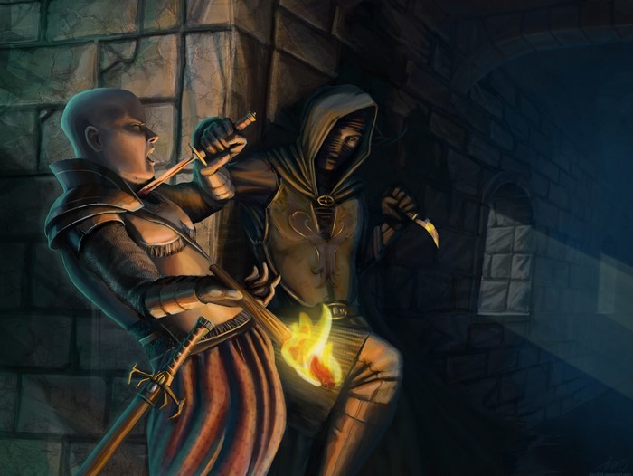 Two warriors fighting with knives and swords near a torch