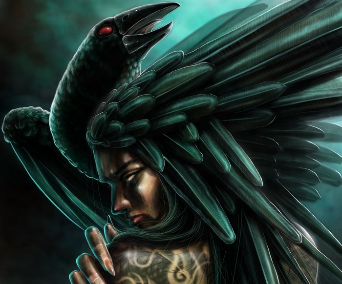 Gothic fantasy woman with crow headdress and feathers
