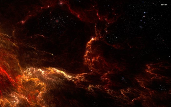 Red and orange nebulae with stars in deep space