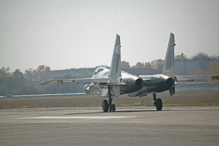Sukhoi Su-35 fighter jet on runway