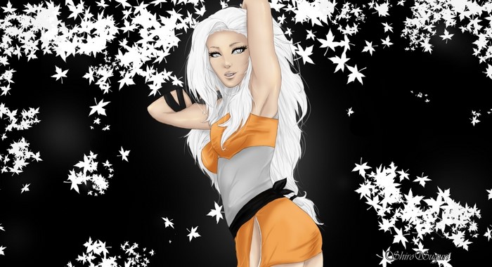 Anime girl with white hair and orange outfit