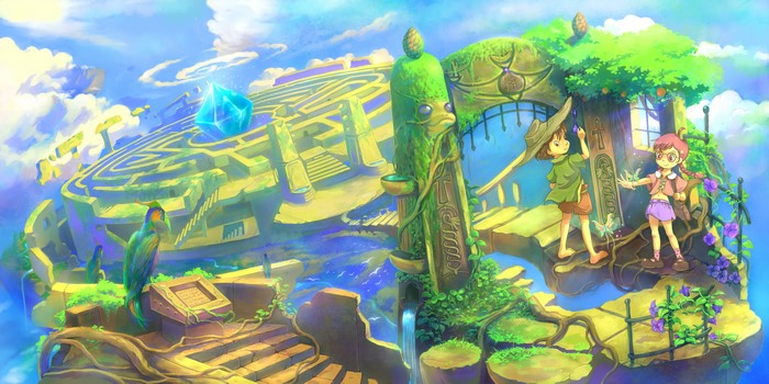 Fantastic world illustration with maze and children