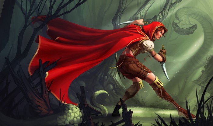 Warrior with red cloak and knives in forest