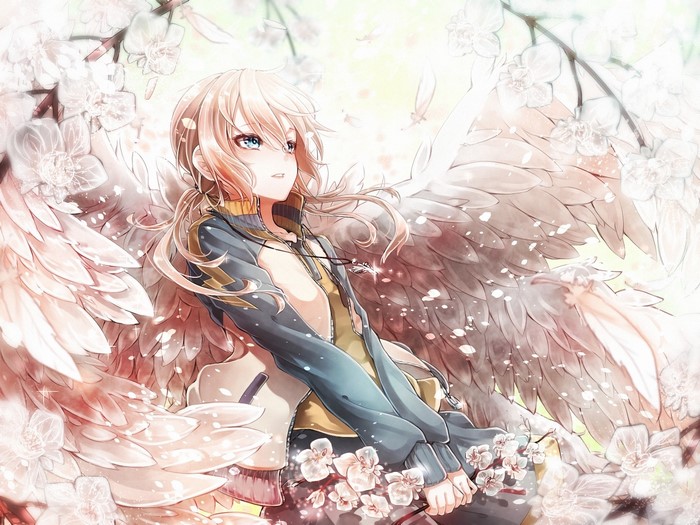 Angel with large wings surrounded by flowers
