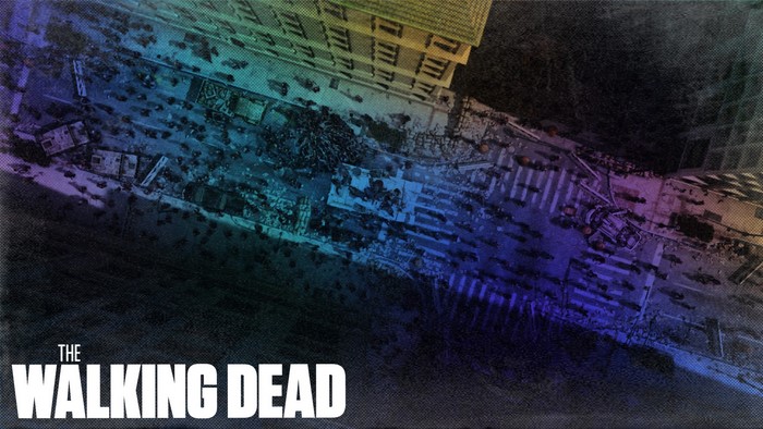 The Walking Dead title card with aerial view of a zombie-infested street