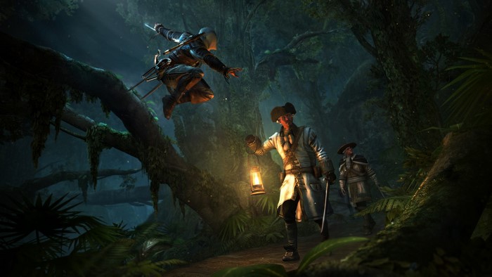 Assassin jumping in jungle with pirates