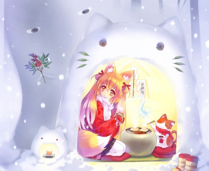 Kitsune girl and cat in a snow igloo